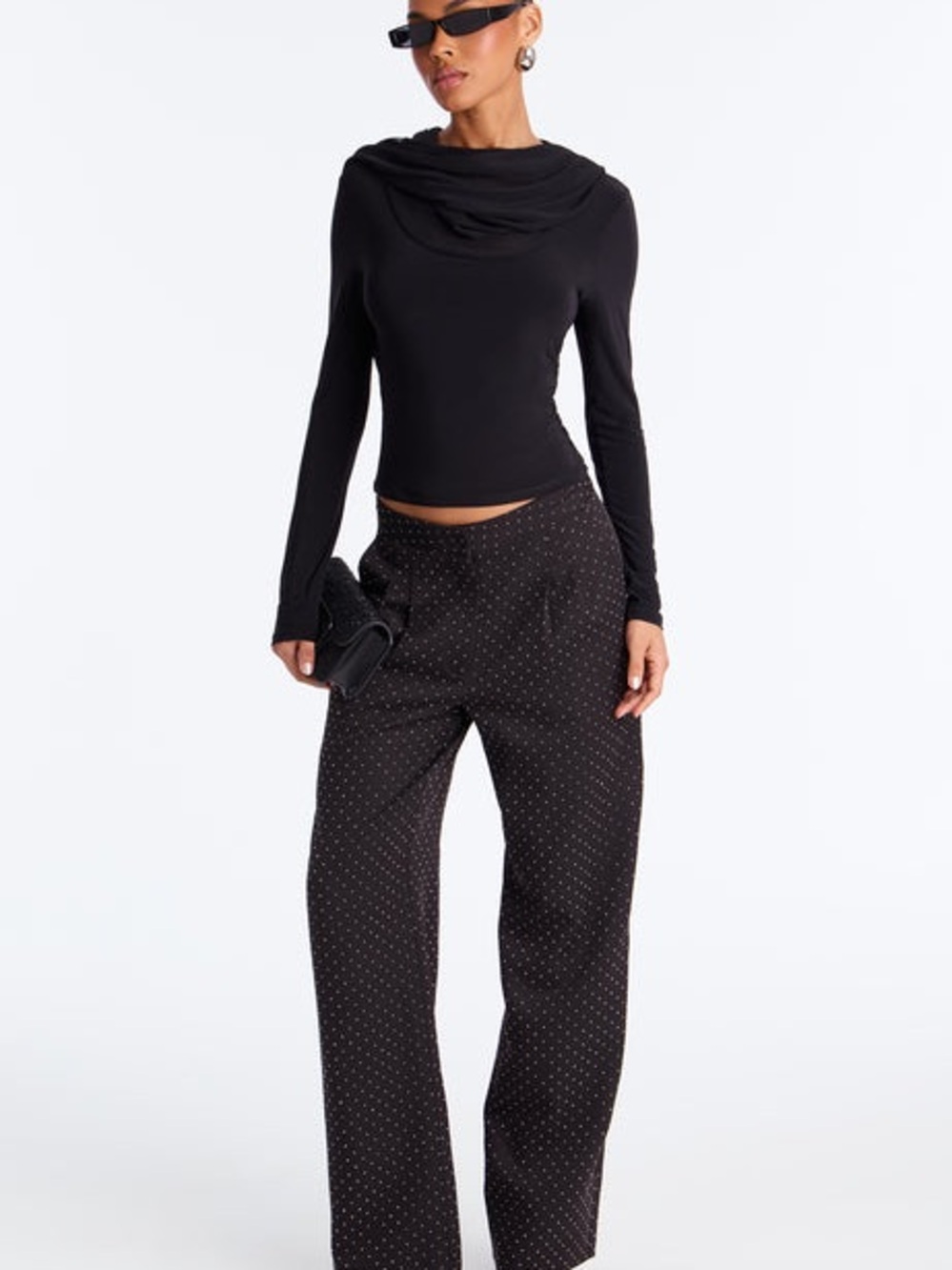 Black Wide-Leg Rhinestone Pants - Women
